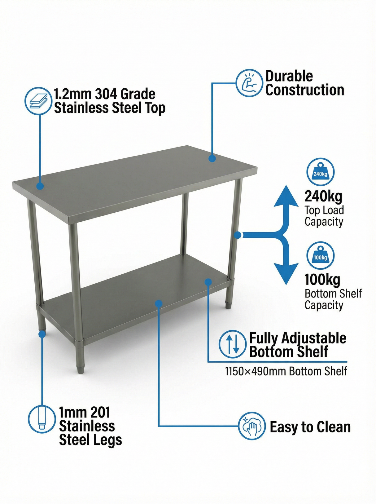 2000 x600 x900 Premium Range 1.2mm SS304 Heavy Duty Top Stainless Steel Benches EZ Stainless Pty Ltd