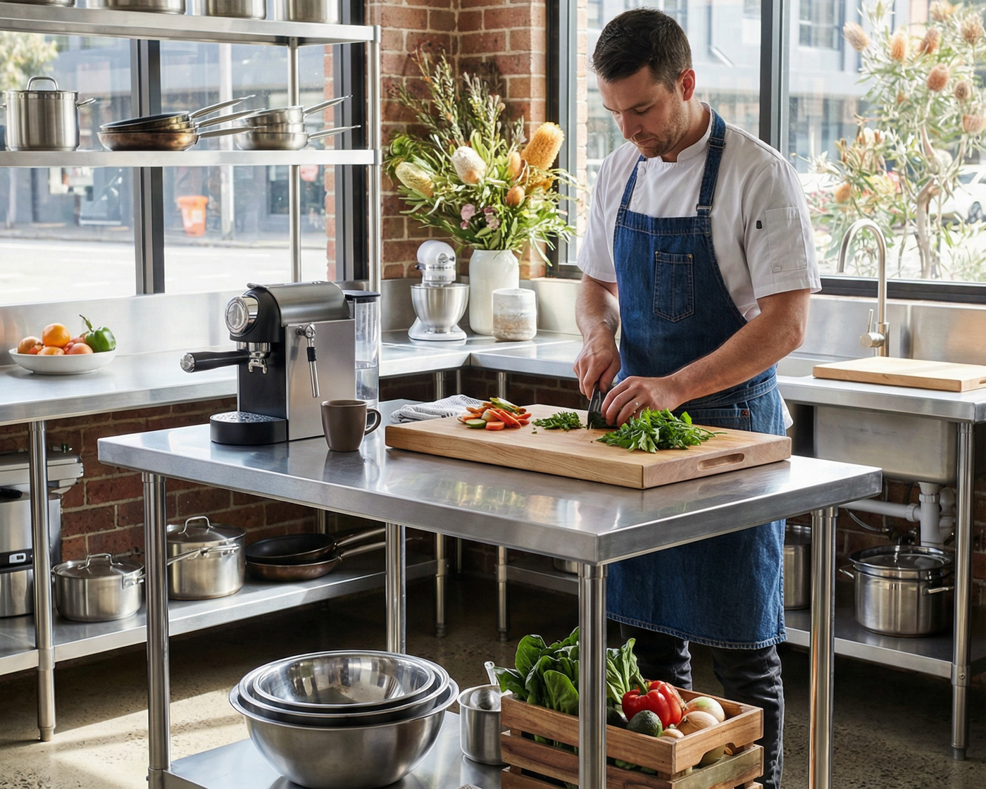 Person preparing food in a commercial kitchen with various utensils and ingredients.