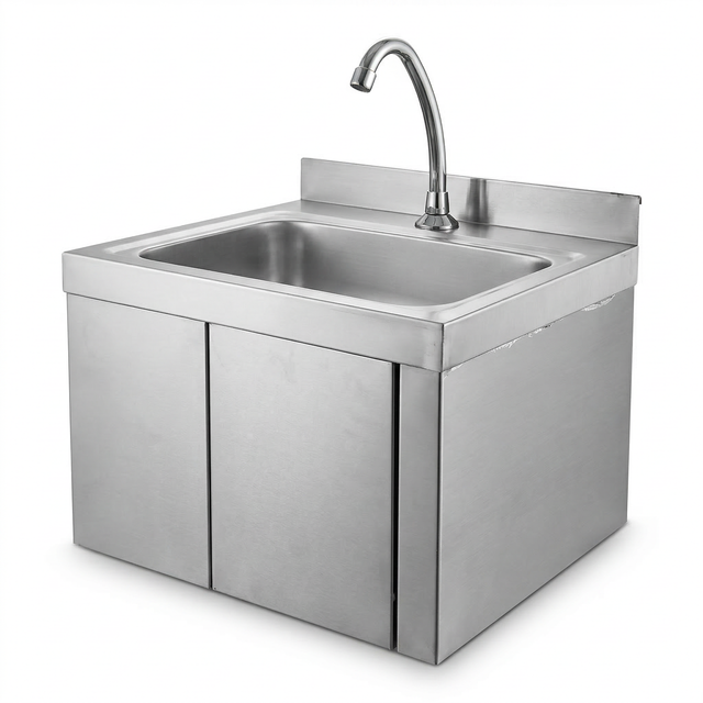 Wall Mount Knee Operate Basin Hand Wash Sink. 430(L) x380(D) x290(H) Hospital, WorkShop, Commercial Kitchen. EZ Stainless Pty Ltd
