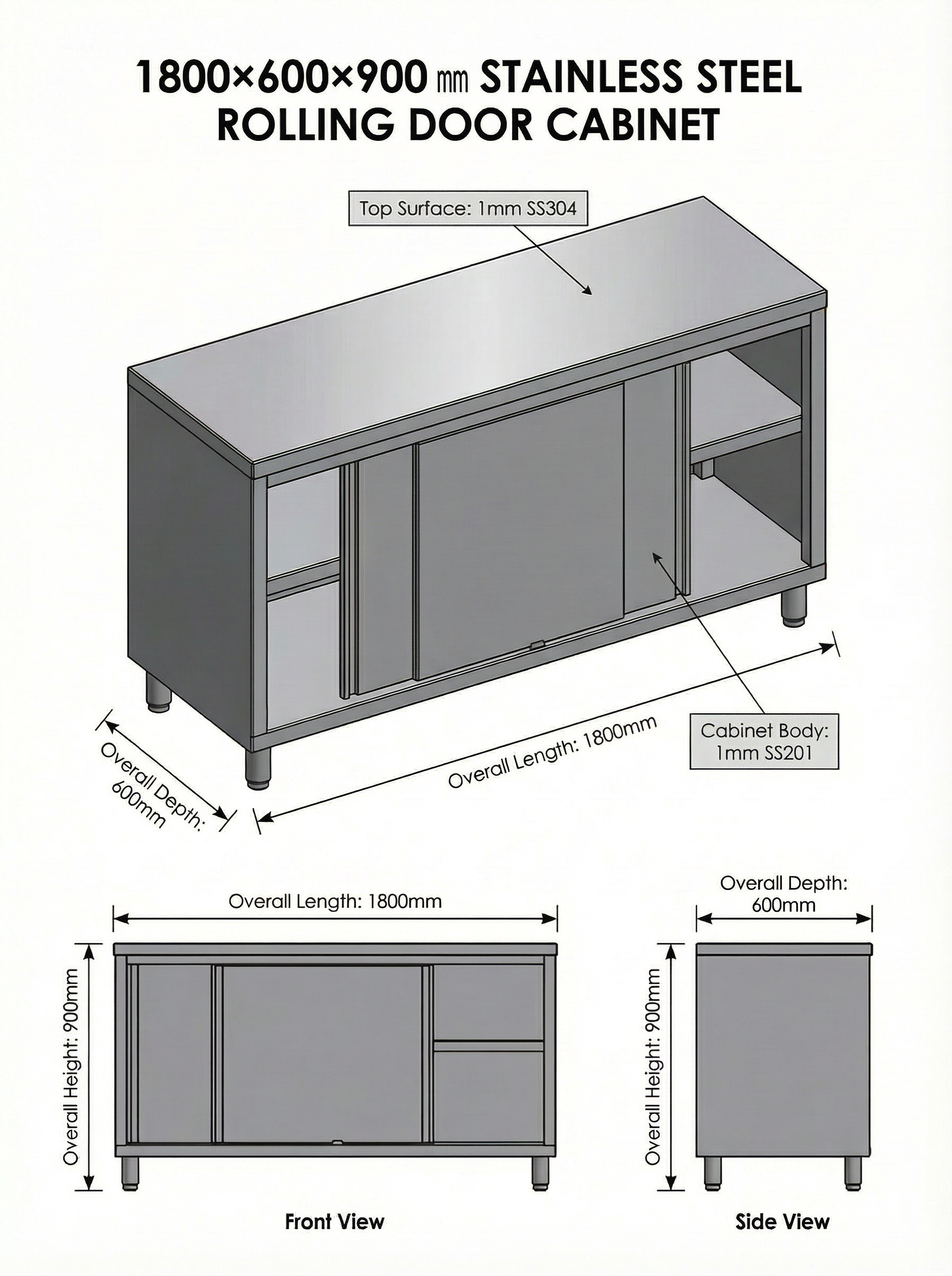 Slide Door Cabinet With Bench Top 1800(L) x 600(D) x 900(H) EZ Stainless Pty Ltd
