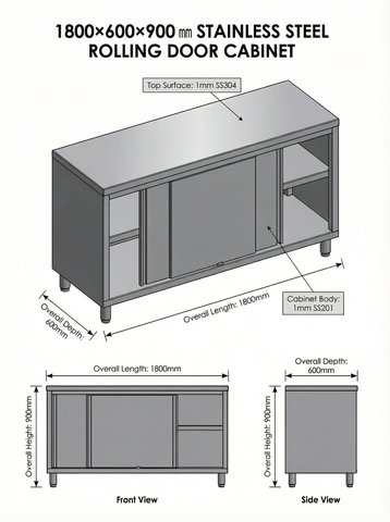 Slide Door Cabinet With Bench Top 1800(L) x 600(D) x 900(H) EZ Stainless Pty Ltd