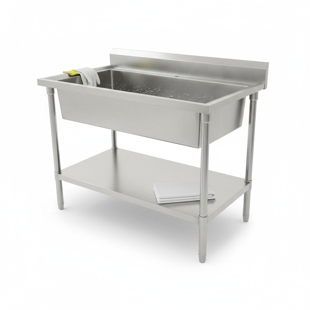 Mega Big Sink with 120mm Splash Back 1200(L) x 700(D) x 900(H) with adjustable shelf EZ Stainless Pty Ltd