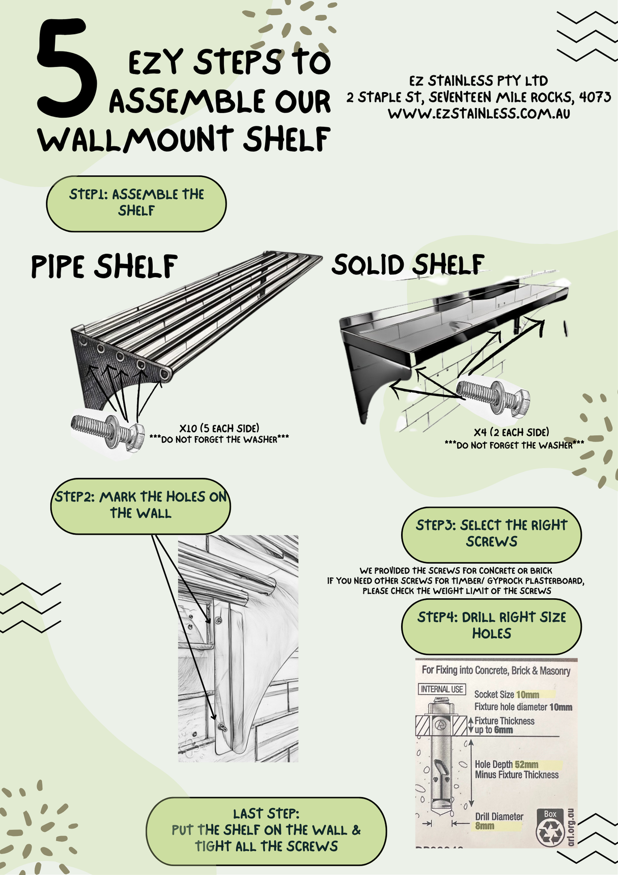 Wall Mounted Shelf - SOLID SHELF 1200(L) x 300(D) with splash back EZ Stainless Pty Ltd