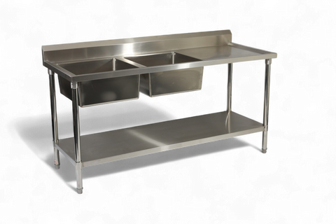 Double Right Sink with 120mm Splash Back 1800(L) x 700(D) x 900(H) EZ Stainless Pty Ltd