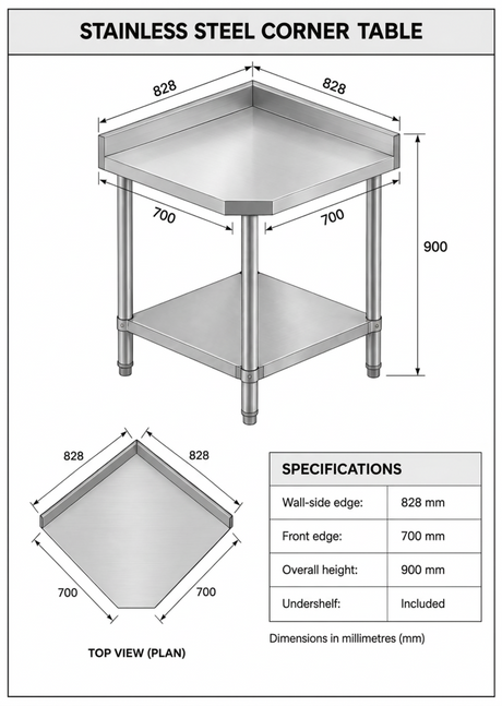 720(L) x720(D) x900(H) (+120mm Splash) 2 Tier Stainless Steel Corner Bench/ Worktable for Kitchen and Food Prep EZ Stainless