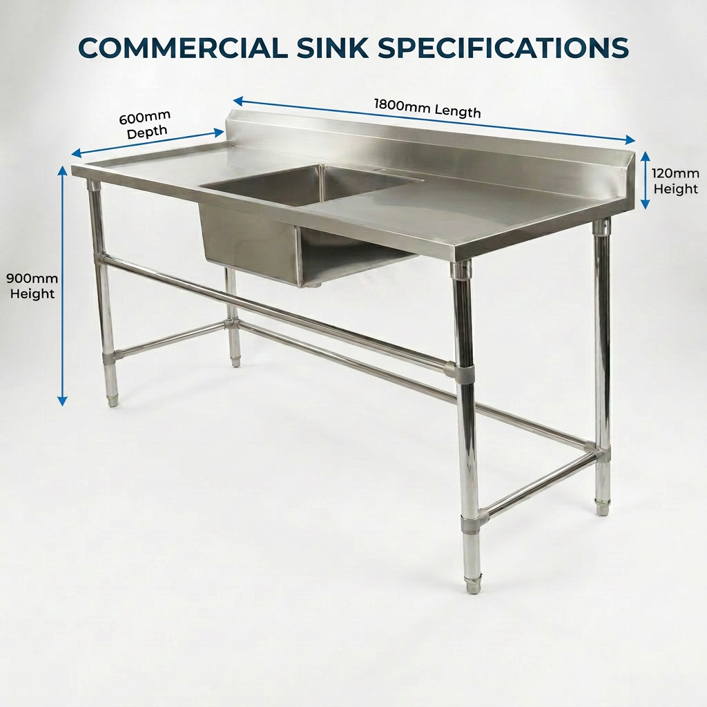 Commercial Stainless Steel Single Sink 1800w x 600d x 900h mm (Sink in the middle) EZ Stainless Pty Ltd