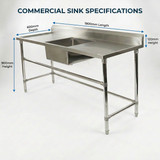 Commercial Stainless Steel Single Sink 1800w x 600d x 900h mm (Sink in the middle) EZ Stainless Pty Ltd