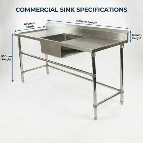 Commercial Stainless Steel Single Sink 1800w x 600d x 900h mm (Sink in the middle) EZ Stainless Pty Ltd