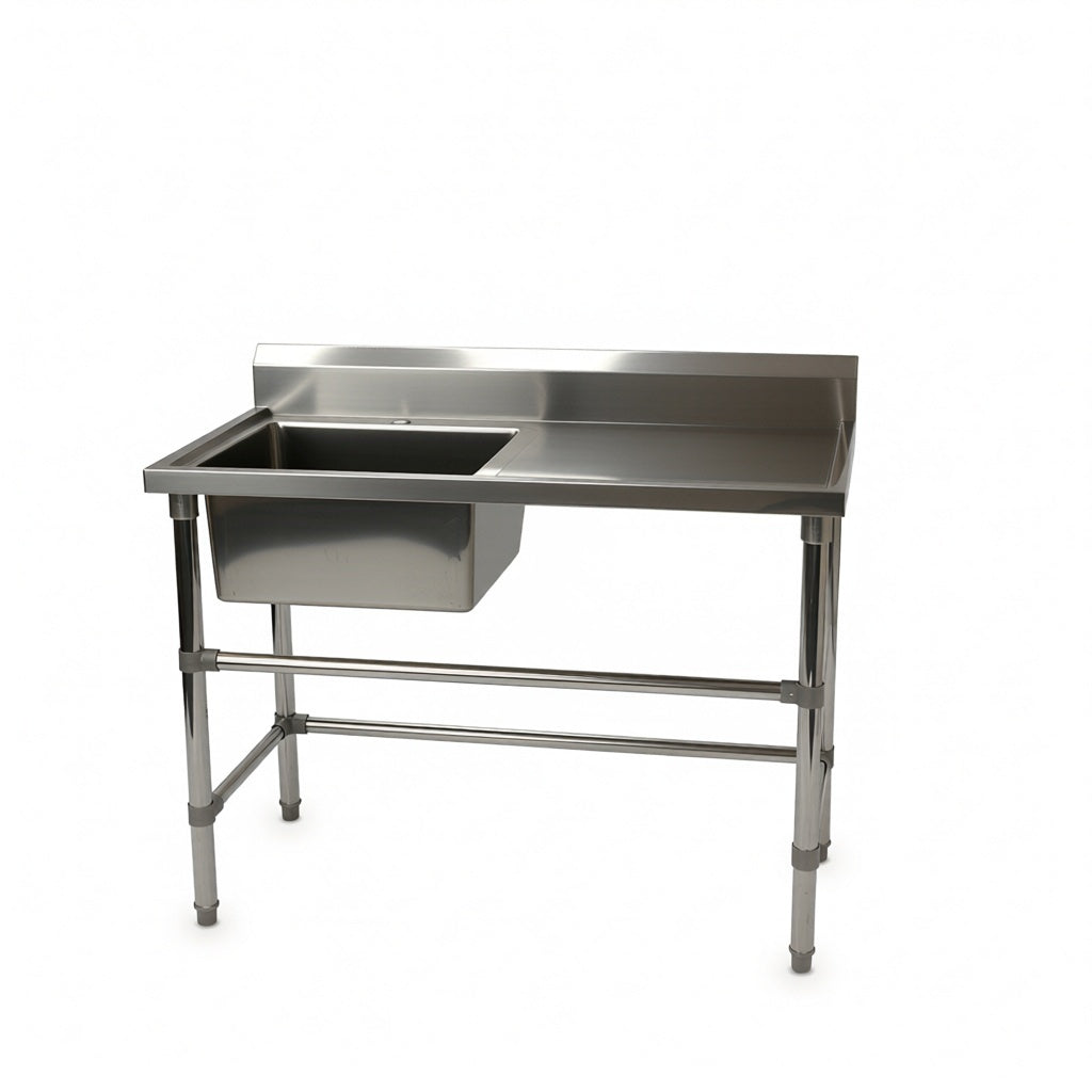 Commercial Stainless Steel Single Sink Bench 1200w x 600d x 900h mm (Sink at Left) EZ Stainless Pty Ltd