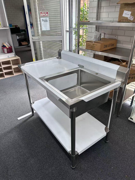 (#XD009) 1200x700x900 Right sink with drain fitted + bottom shelf (Pick up only, 1 left) Ex-display model EZ Stainless Pty Ltd