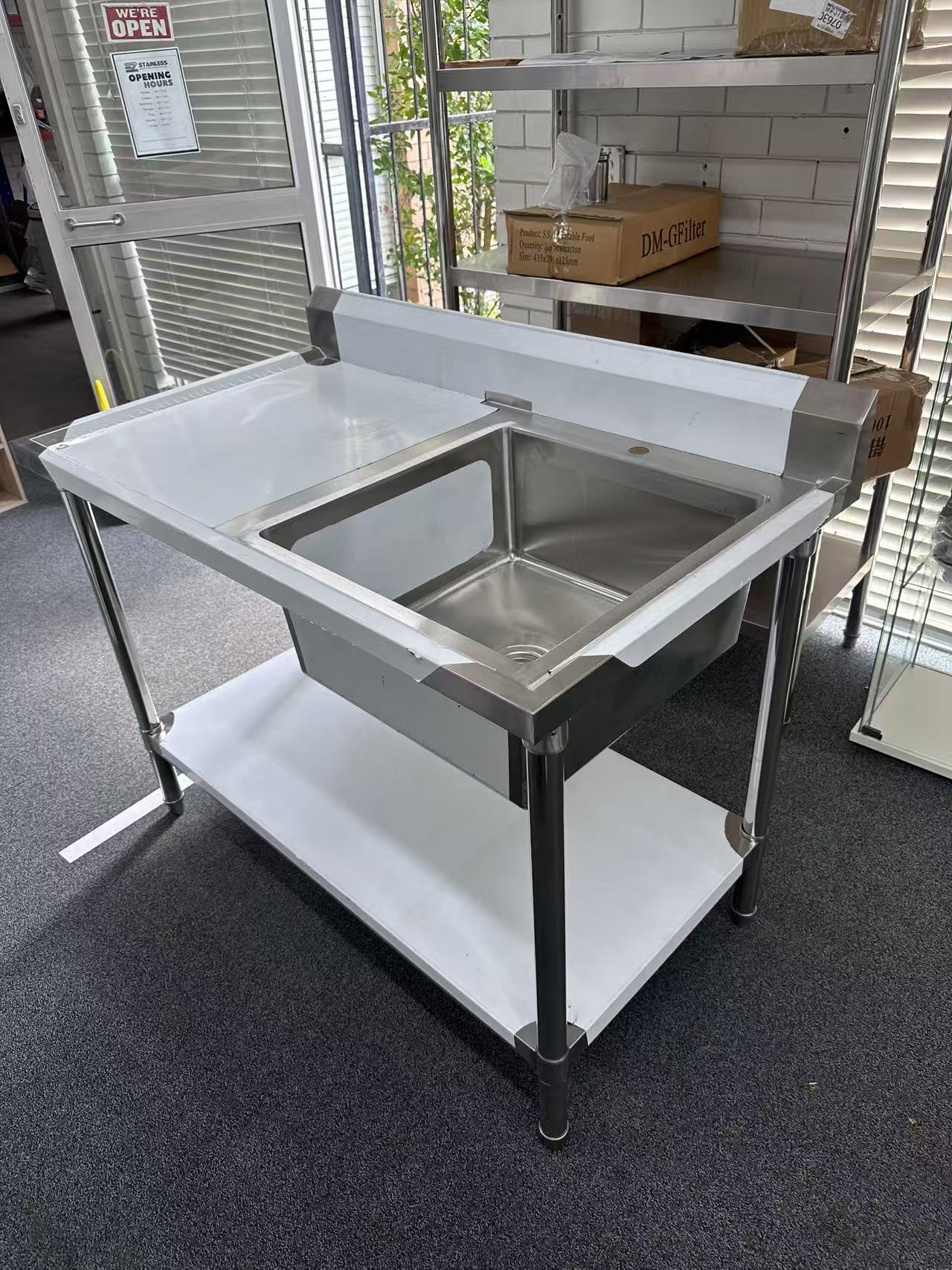 (#XD009) 1200x700x900 Right sink with drain fitted + bottom shelf (Pick up only, 1 left) Ex-display model EZ Stainless Pty Ltd
