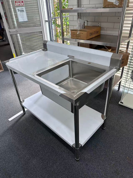 (#XD009) 1200x700x900 Right sink with drain fitted + bottom shelf (Pick up only, 1 left) Ex-display model EZ Stainless Pty Ltd