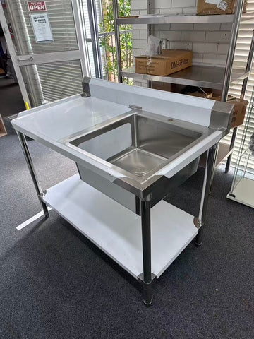 (#XD009) 1200x700x900 Right sink with drain fitted + bottom shelf (Pick up only, 1 left) Ex-display model EZ Stainless Pty Ltd
