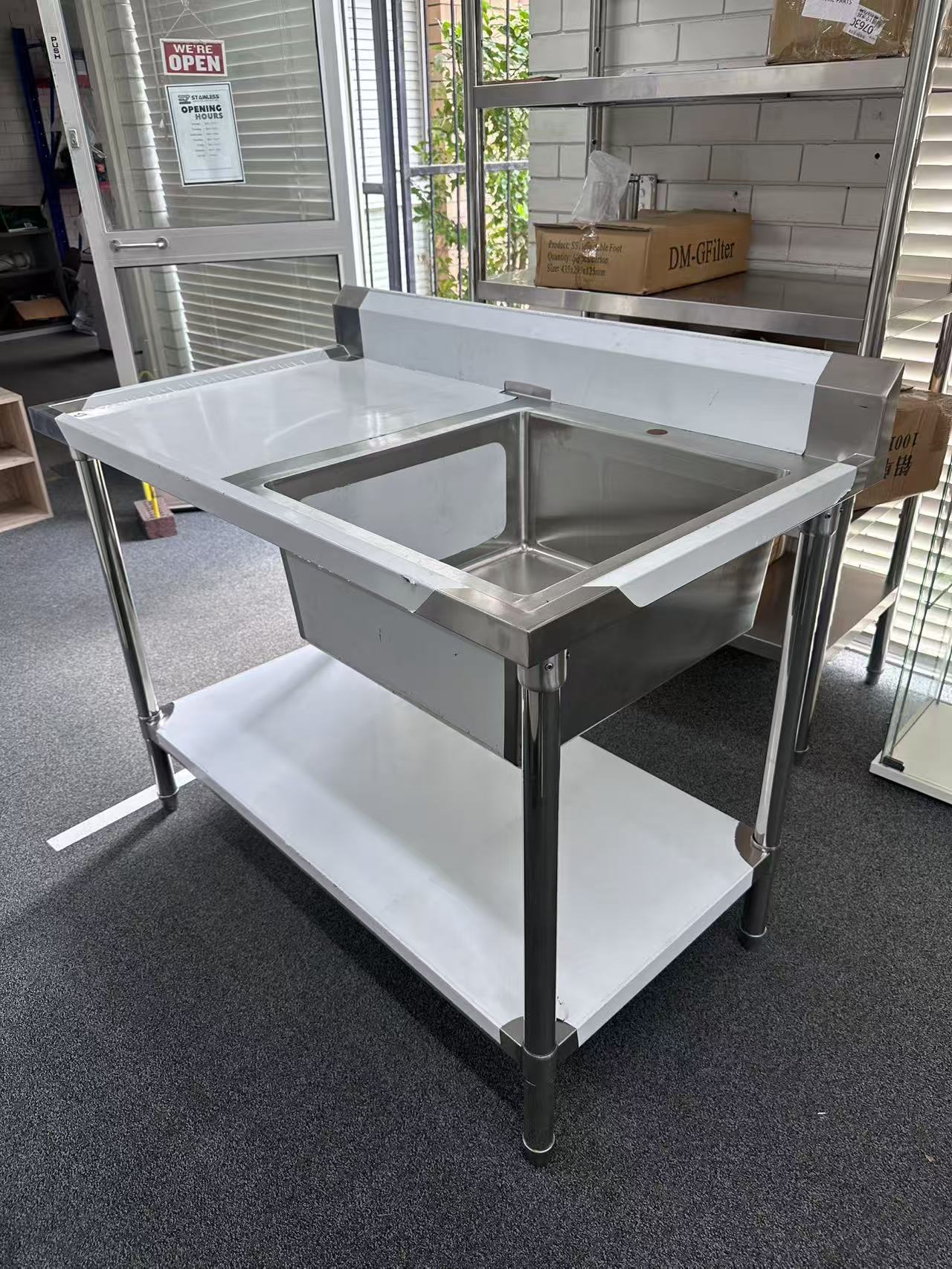 (#XD009) 1200x700x900 Right sink with drain fitted + bottom shelf (Pick up only, 1 left) Ex-display model EZ Stainless Pty Ltd