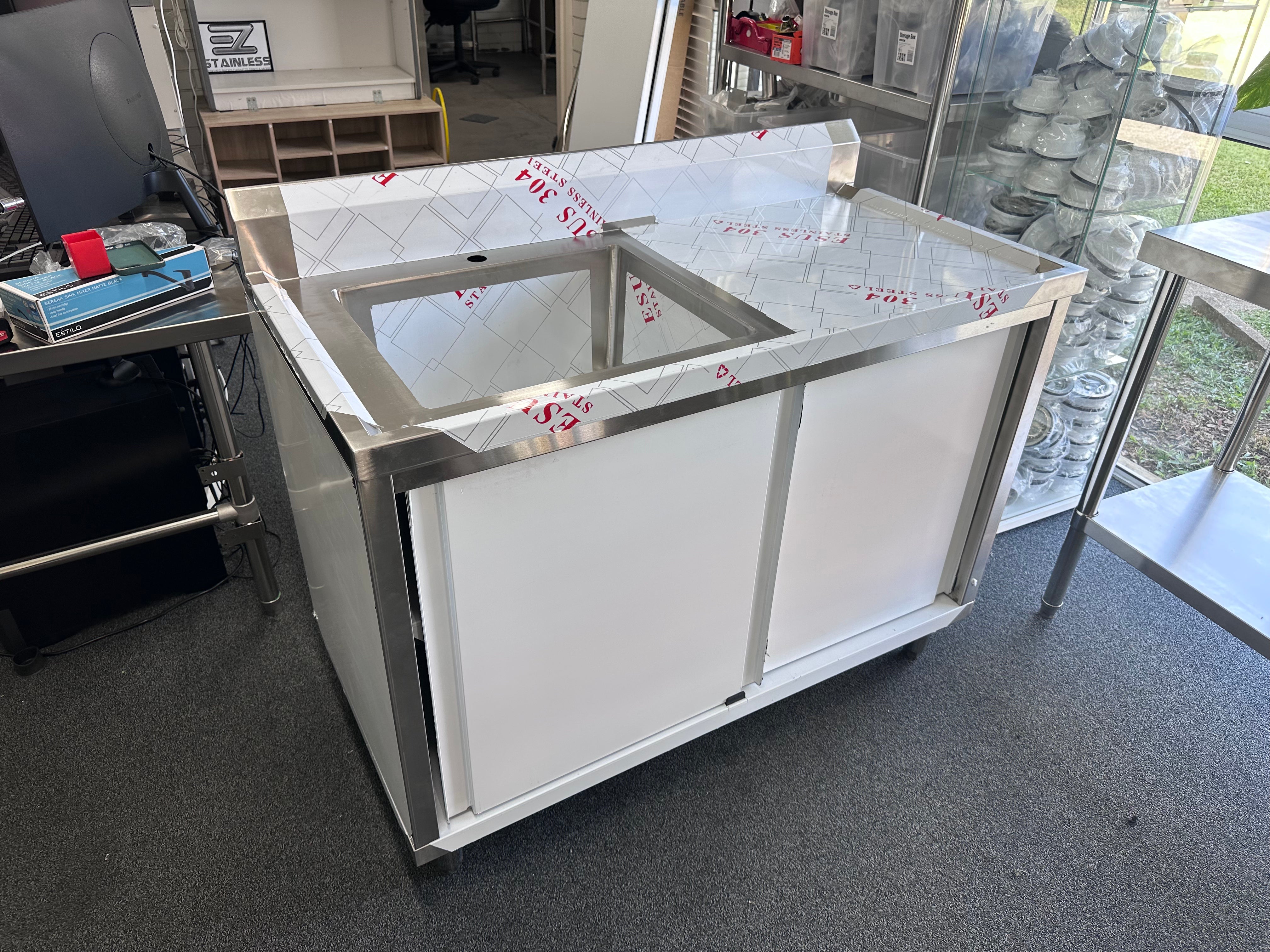 1200x600x900 Catering Sliding Door Cabinet, with 410x490x250 Single Bowl Sink. (Mixer not for sell) EZ Stainless Pty Ltd