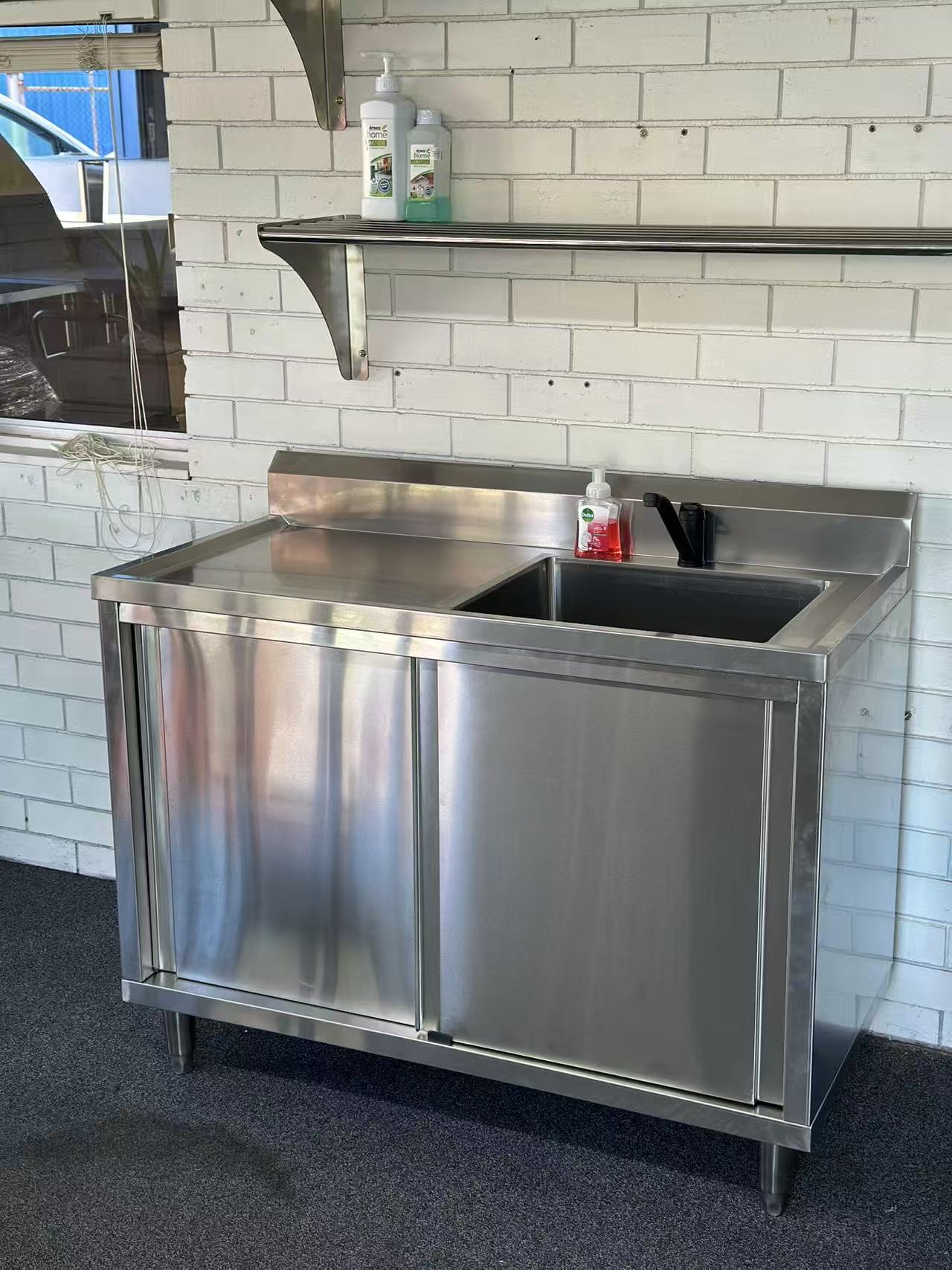 1200x600x900 Catering Sliding Door Cabinet, with 410x490x250 Single Bowl Sink. (Mixer not for sell) EZ Stainless Pty Ltd