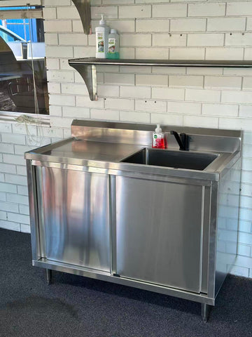 1200x600x900 Catering Sliding Door Cabinet, with 410x490x250 Single Bowl Sink. (Mixer not for sell) EZ Stainless Pty Ltd