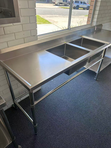 (#XD012) 1800x700x900 Right Double Sink with drain fitted + bottom shelf (Pick up only, 1 left) Ex-display model EZ Stainless Pty Ltd