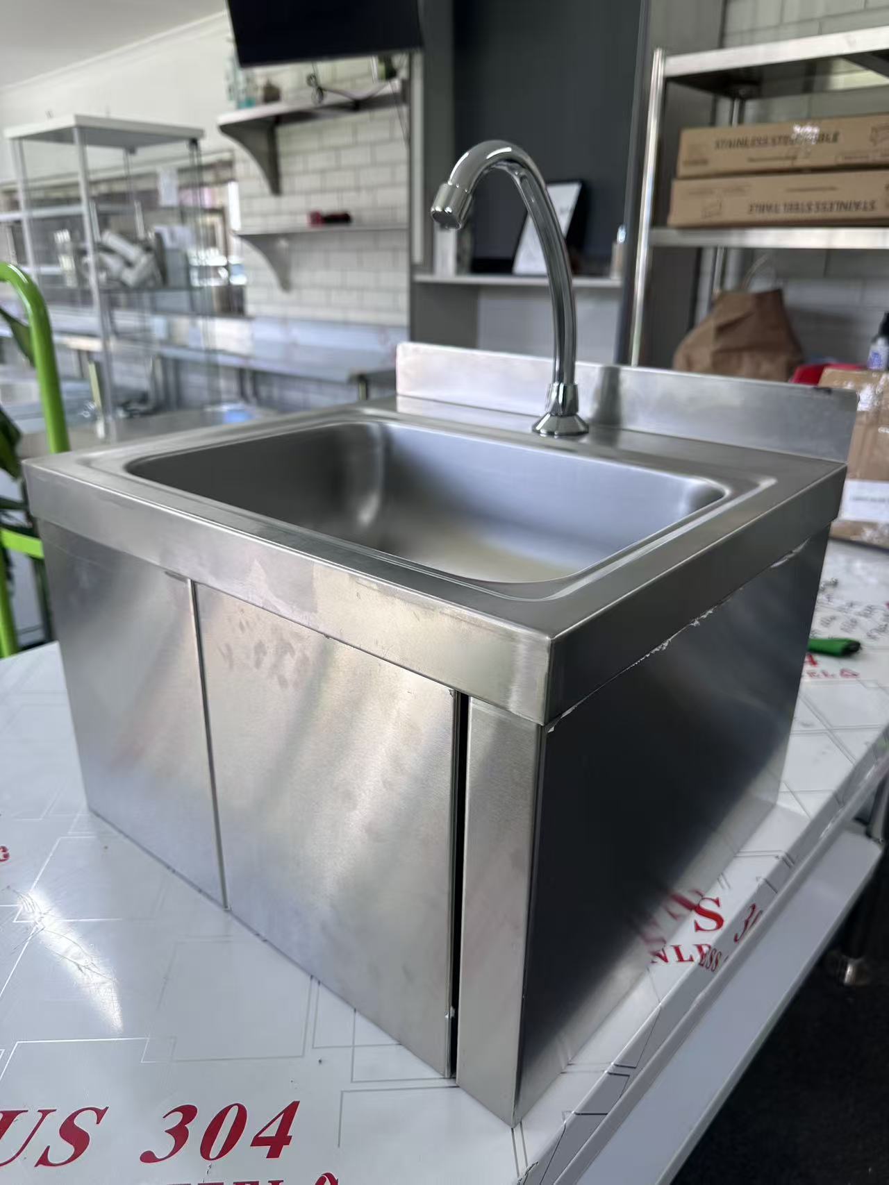 Wall Mount Knee Operate Basin Hand Wash Sink. 430(L) x380(D) x290(H) Hospital, WorkShop, Commercial Kitchen. EZ Stainless Pty Ltd