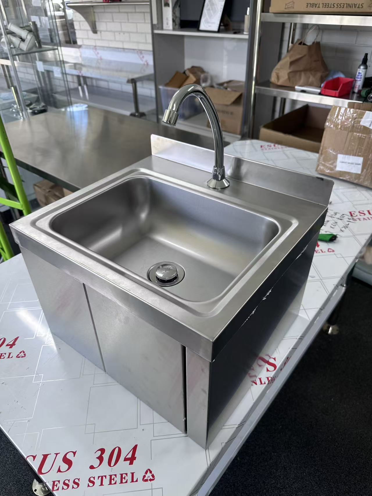 Wall Mount Knee Operate Basin Hand Wash Sink. 430(L) x380(D) x290(H) Hospital, WorkShop, Commercial Kitchen. EZ Stainless Pty Ltd