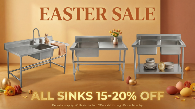 Three stainless steel sinks on a wooden floor with Easter decorations and 'Easter Sale' text.