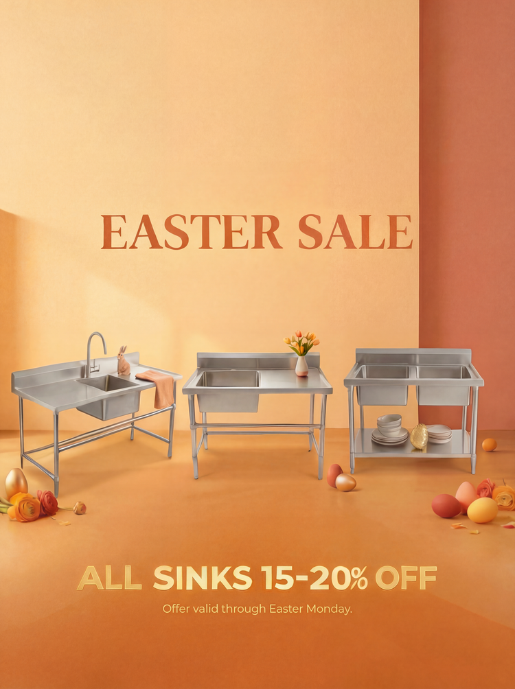 Advertisement for Easter sale on sinks with a promotional message on an orange background.