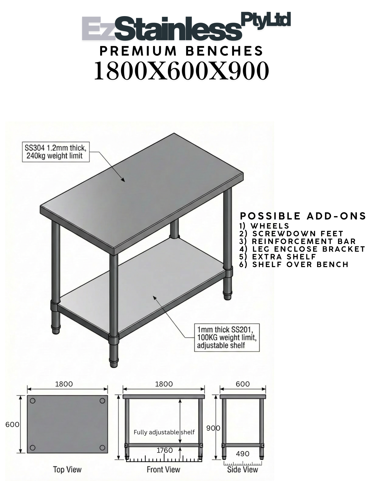 1800 x600 x900 Premium Range 1.2mm SS304 Heavy Duty Top Stainless Steel Benches EZ Stainless Pty Ltd
