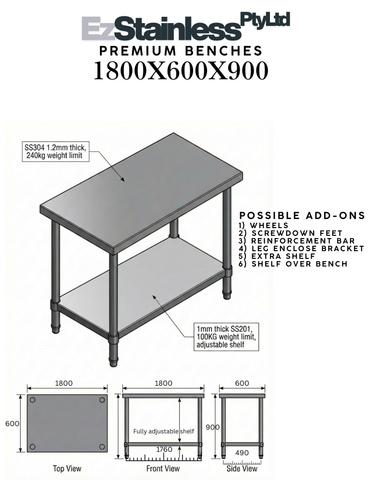 1800 x600 x900 Premium Range 1.2mm SS304 Heavy Duty Top Stainless Steel Benches EZ Stainless Pty Ltd