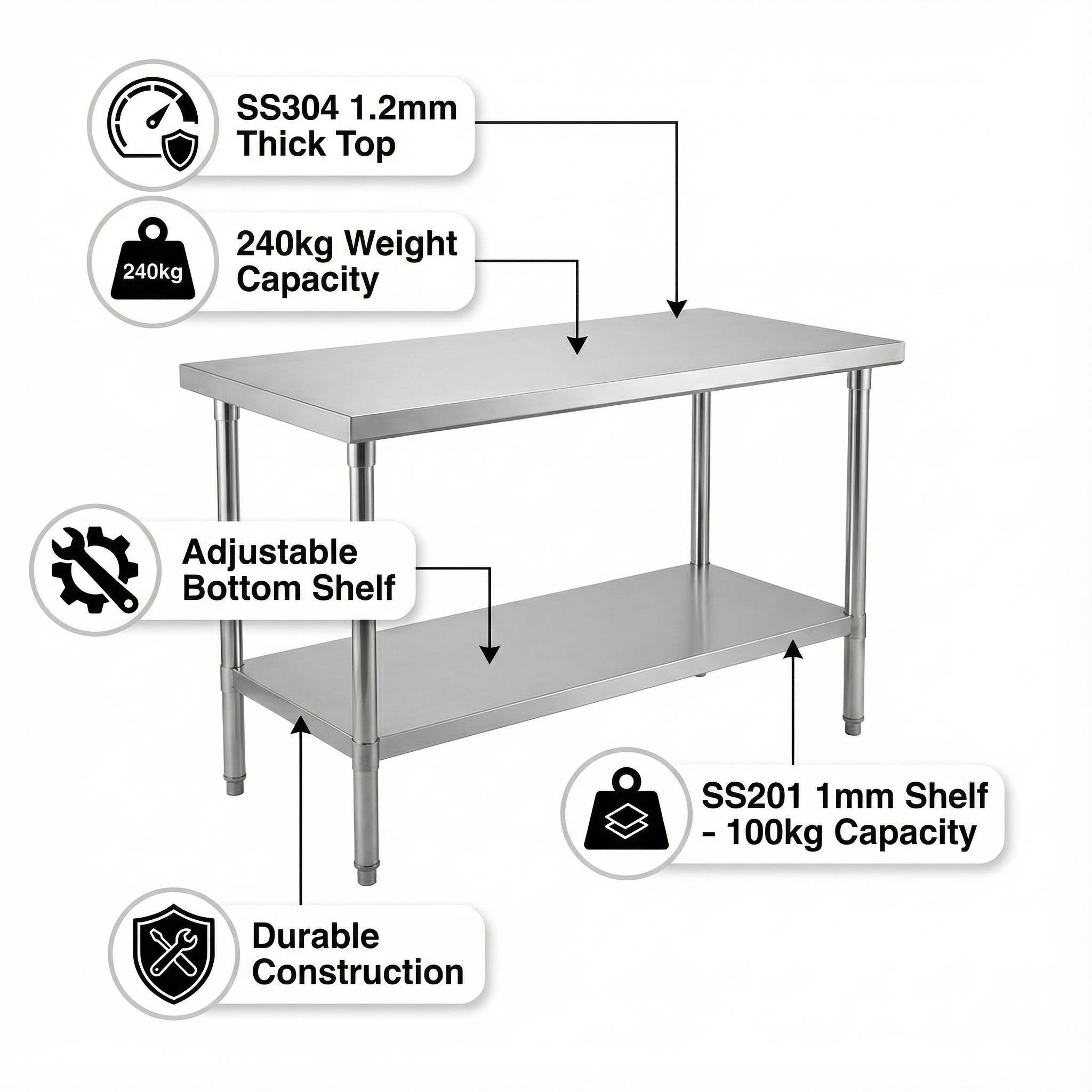 1800 x600 x900 Premium Range 1.2mm SS304 Heavy Duty Top Stainless Steel Benches EZ Stainless Pty Ltd