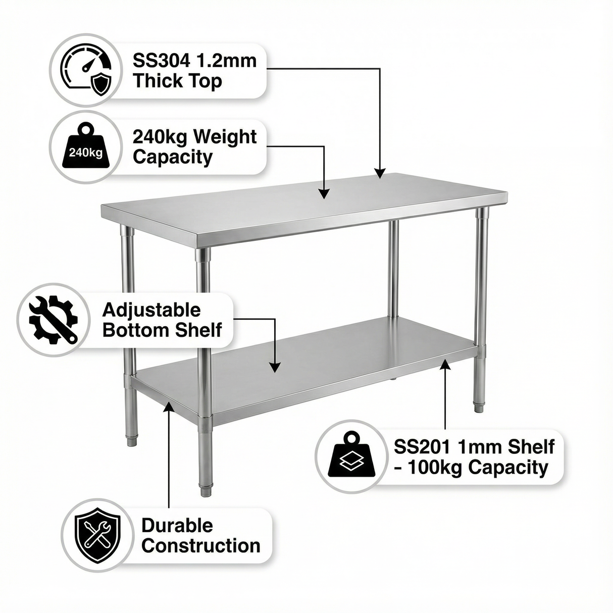 2000 x600 x900 Premium Range 1.2mm SS304 Heavy Duty Top Stainless Steel Benches EZ Stainless Pty Ltd
