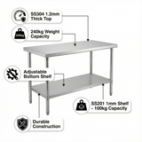 2000 x600 x900 Premium Range 1.2mm SS304 Heavy Duty Top Stainless Steel Benches EZ Stainless Pty Ltd