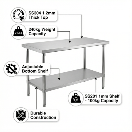 2000 x600 x900 Premium Range 1.2mm SS304 Heavy Duty Top Stainless Steel Benches EZ Stainless Pty Ltd