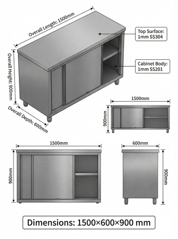 Stainless steel Cabinet SS304 TOP with Slide Door 1500(L) x 600(D) x 900(H) EZ Stainless Pty Ltd