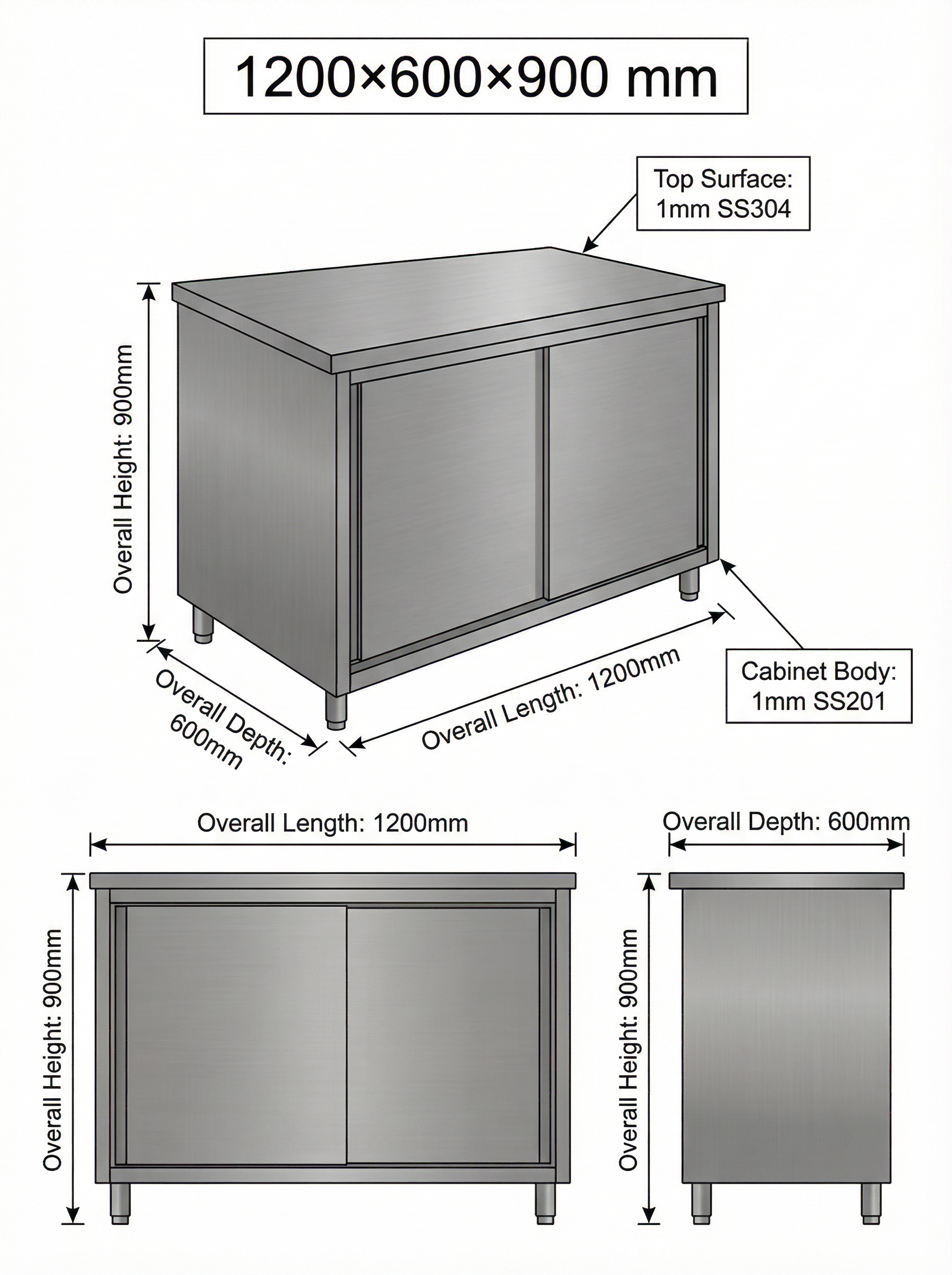 Stainless steel Cabinet SS304 TOP with Slide Door 1200(L) x 600(D) x 900(H) EZ Stainless Pty Ltd