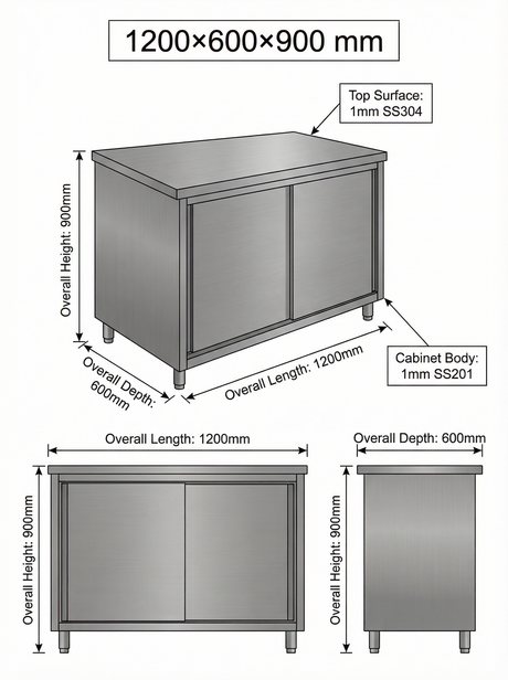 Stainless steel Cabinet SS304 TOP with Slide Door 1200(L) x 600(D) x 900(H) EZ Stainless Pty Ltd