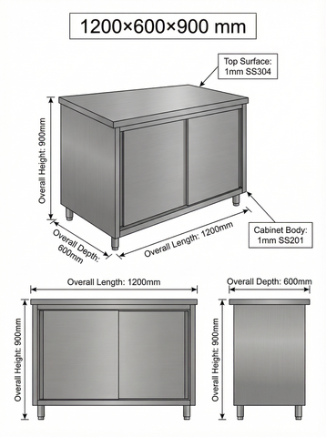 Stainless steel Cabinet SS304 TOP with Slide Door 1200(L) x 600(D) x 900(H) EZ Stainless Pty Ltd