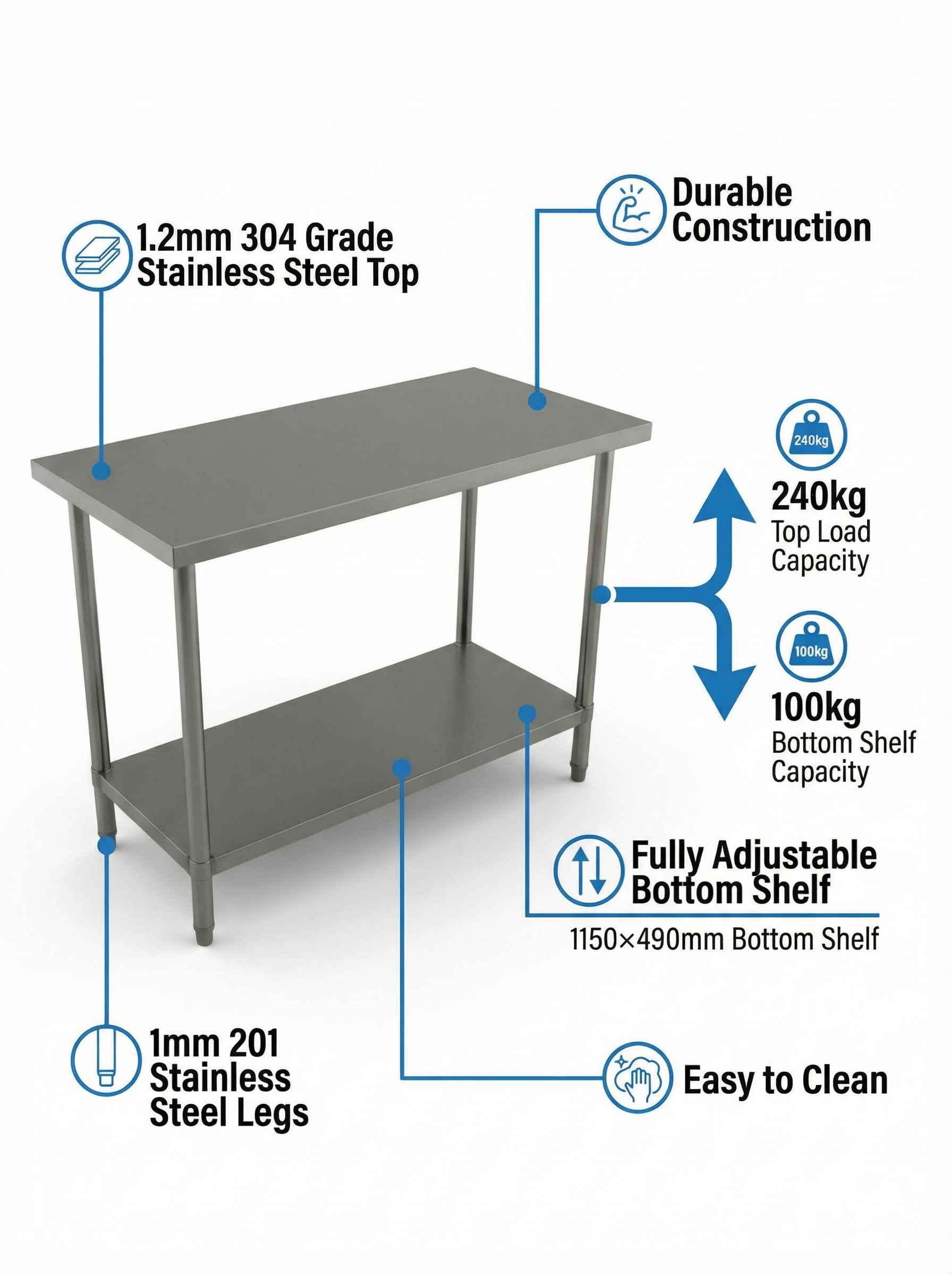 1800 x600 x900 Premium Range 1.2mm SS304 Heavy Duty Top Stainless Steel Benches EZ Stainless Pty Ltd