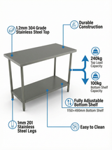 2000 x600 x900 Premium Range 1.2mm SS304 Heavy Duty Top Stainless Steel Benches EZ Stainless Pty Ltd