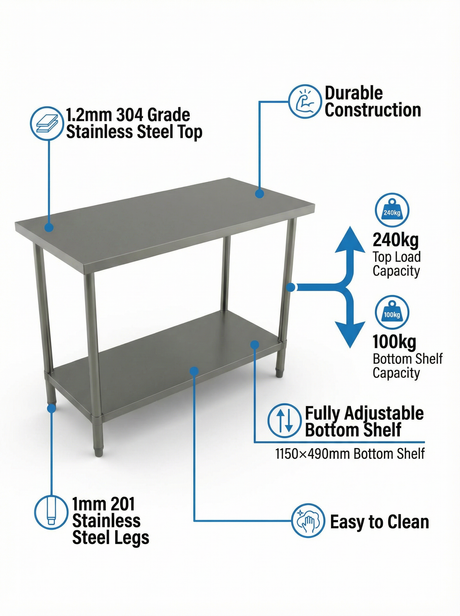 2000 x600 x900 Premium Range 1.2mm SS304 Heavy Duty Top Stainless Steel Benches EZ Stainless Pty Ltd