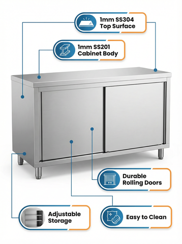 Slide Door Cabinet With Bench Top 1800(L) x 600(D) x 900(H) EZ Stainless Pty Ltd